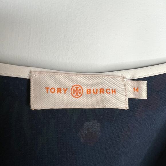 Tory Burch Navy Blue Polka Dot Floral Grotto Wrap Dress Size 14 - Picture 8 of 10